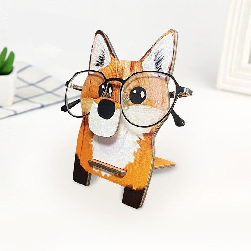 Drewnianny uchwyt na okulary w postaci lisa